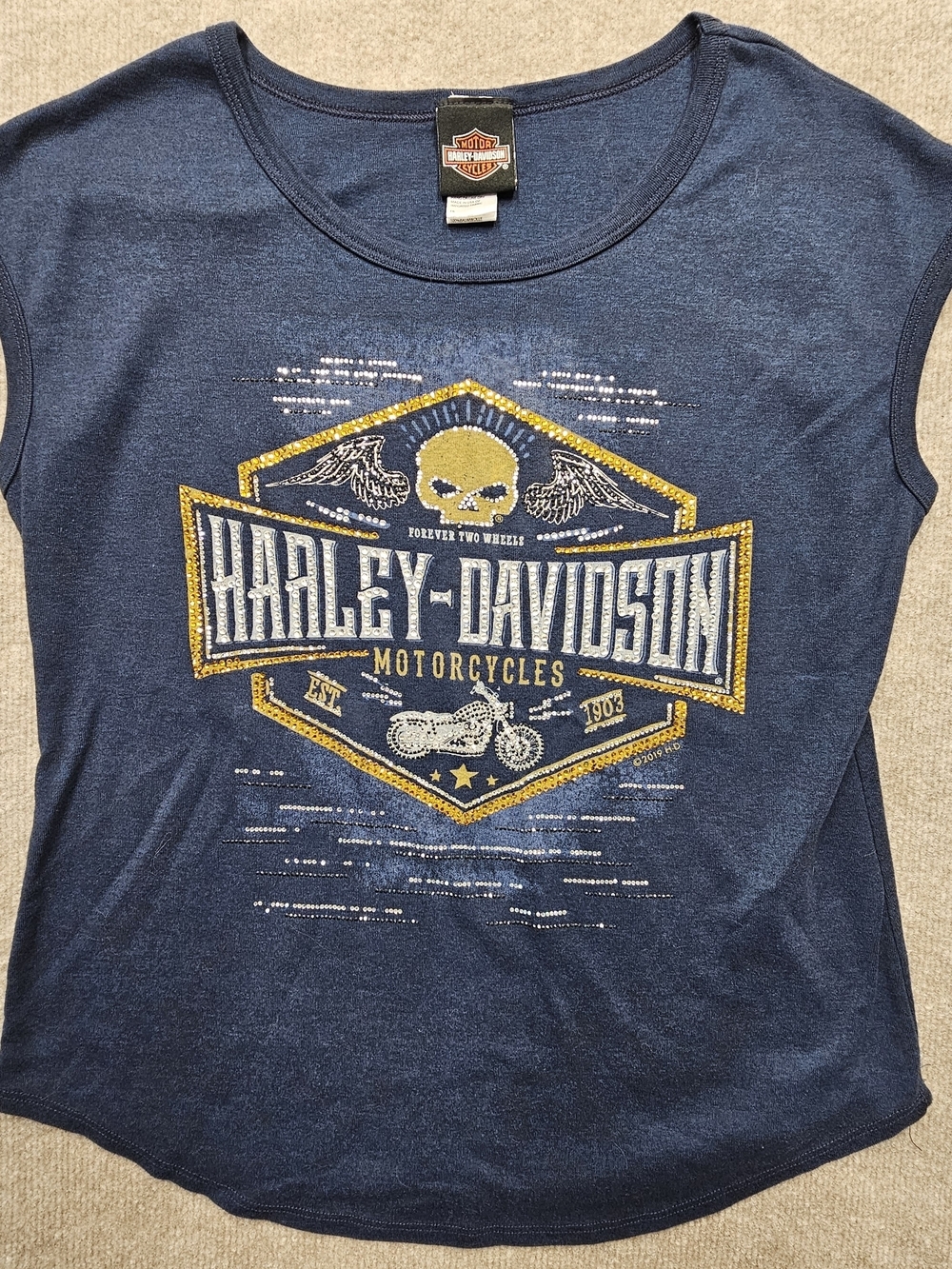 Harley Davidson Y2K Rhinestone Skull Tank Top Womens Large Blue Soft Tee Biker